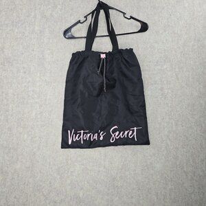 Victorias Secret Black Drawstring Tote Bag 15x22 Nylon Pre-Owned Logo Detail
